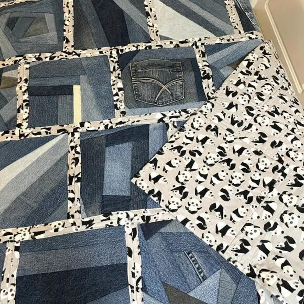 Handmade Denim‎ Quilt Panda Print Flannel on Reverse Heavy Blanket 46 x 42